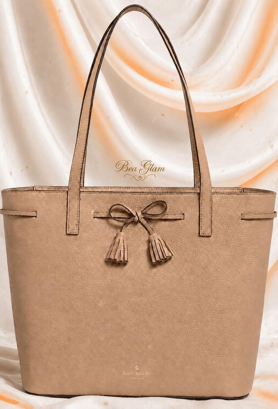Kate Spade Light Fawn Pebbled Leather Tote Bag with Bow Tassel Accents NWT